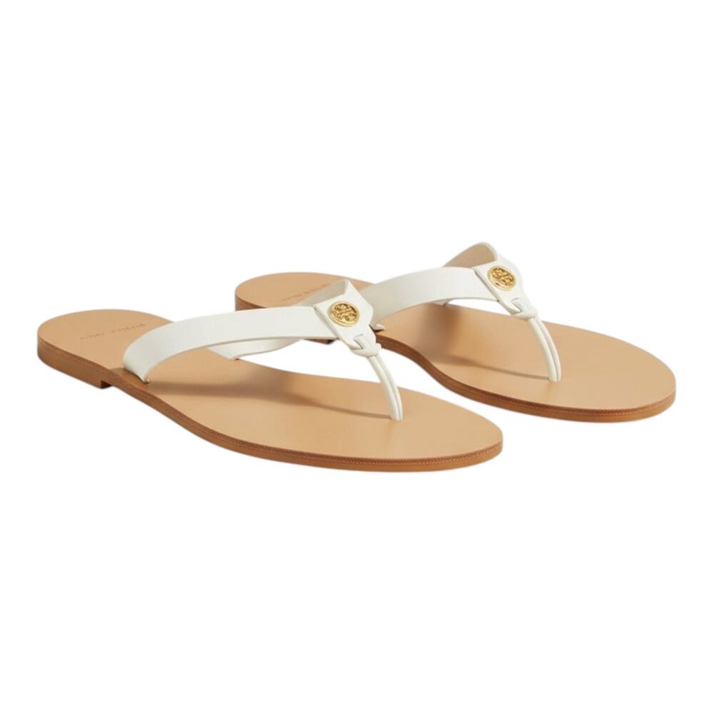 Tory Burch Manon Ivory Leather Thong Sandals Gold Hardware Sz 7